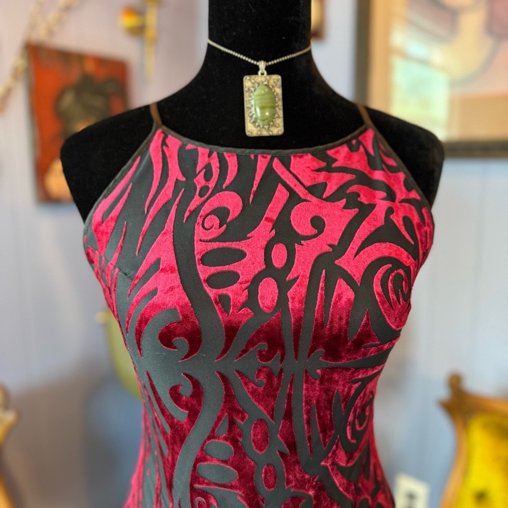 Vintage 90s/Y2K Betsey Johnson Blood Red Gothic Scroll Crushed Velvet Maxi Dress - Picture 3 of 12
